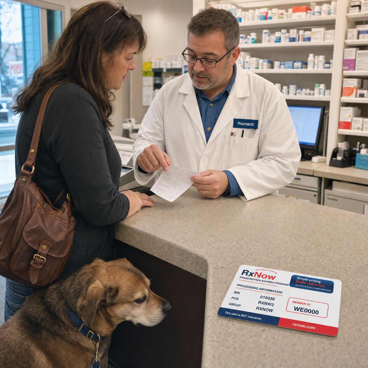 Pharmacist reviewing a pet prescription with a customer beside her dog and the current RxNow card